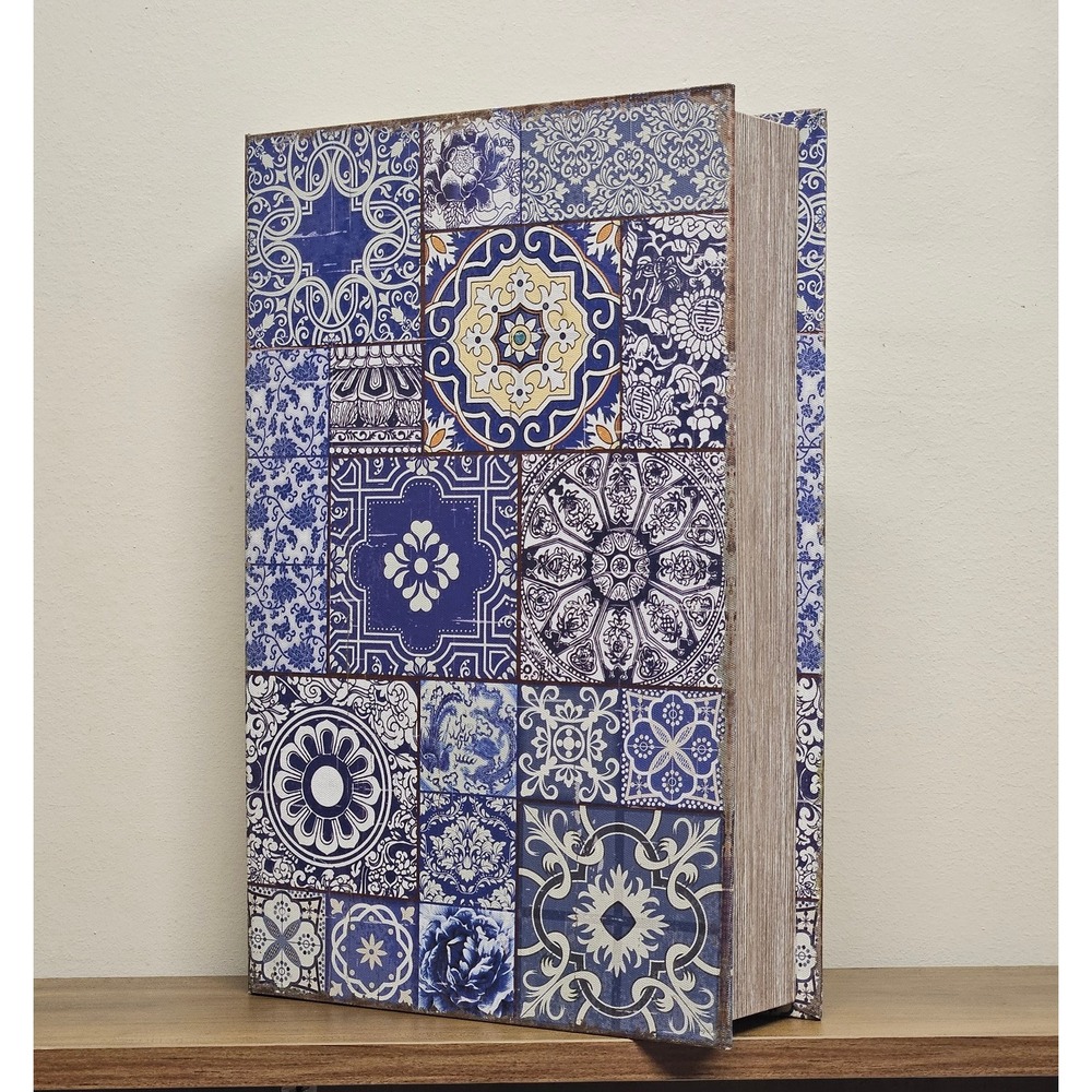Ashland Faux Decorative Book Box Mediterranean Ceramic Tile Style Blue Large
